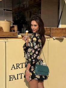 2025秋冬新款欧美风女装优雅休闲甜美立领纽扣灯笼袖蝴蝶结褶皱A字迷你连衣裙，适合休闲、户外、旅行、通勤、度假等场合，黑色 - 黑色 - 查看 3