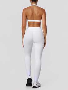 Sodalemon Women's 2 Pieces Workout Set, Twist Back Camisole Sports Bra, Seamless, Twist Waist Band, Seamless Tight Yoga Pants, Solid Color Outdoor Casual Sports Suit - White - View 6