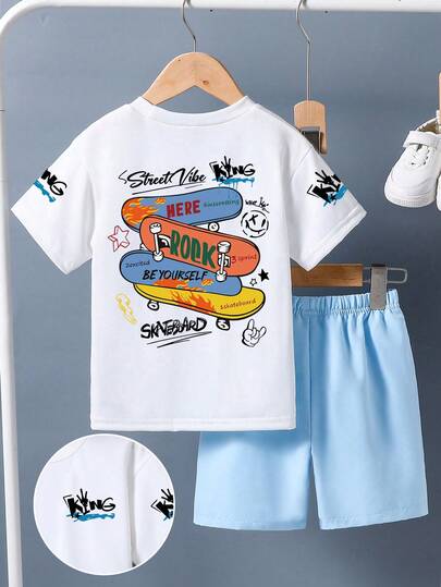 Young Boy Skateboard Print Short Sleeve T-Shirt And Shorts Set