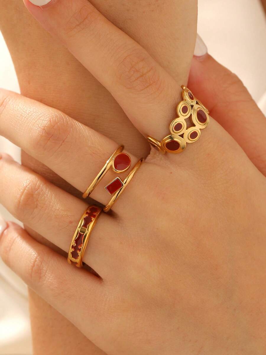 3pcs/Set Vintage Minimalist High-End Plated Stainless Steel Geometric Open Ring, Adjustable Fit For Women Daily, Party, Date Wear - Three Piece Set - View 1