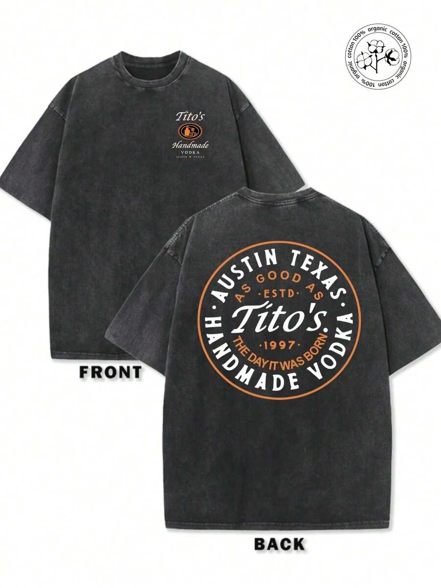 230g Washed And Used T-Shirt, Front Tito's Handmade Vodka Logo, Back With "AUSTIN TEXAS Tito's HANDMADE Vodka" Circular Text And Brand Logo, Tito's Vodka Theme - màu đen - Xem 1