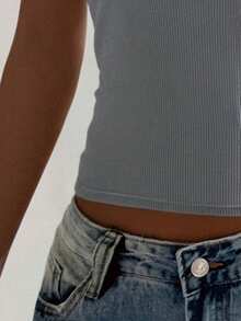 1pc Women's Ribbed Camisole With Padded Bust, Slim Fit Layering Tank Top - Grey - View 5
