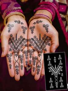 Hana手绘镂空纹身模板 极简主义 Hana新娘优雅蕾丝曼陀罗花卉图案贴纸 适用于手部、脚部、肩部、颈部、锁骨 半永久性假纹身贴纸 1包 - 黑色 - 查看 12