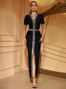 Love Aing 女士黑色正式礼服，手工镶嵌亚克力水钻，奢华优雅V领前开衩设计，适合婚礼、宴会、晚宴、商务场合、舞台表演等春季穿着。 - 黑色 - 查看 4