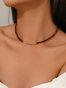 1pc Elegant Luxury Asymmetrical Glass Bead & Faux Pearl Necklace, Versatile For Women's Daily, Casual, Party, Music Festival Wear, Suitable As Valentine's Day Gift - Burgundy - View 2