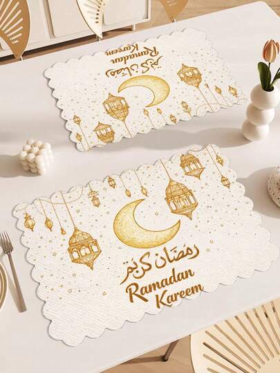 1/4/6 st Ramadan bordsunderlägg med vågkant | 12*18 tums månskensmönster, linnematerial, lämplig för kök, matbord, matsal, födelsedagsfest och bankettdekoration, maskintvättbar och handtvättbar, bärbar, alla årstider