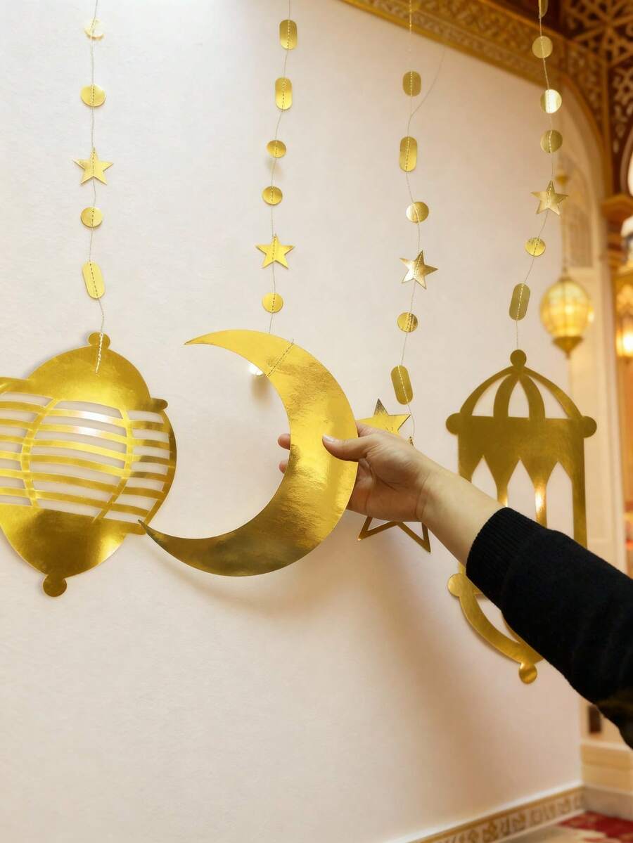 一套8件 | 金星月亮灯笼花环，摩洛哥斋月节派对装饰，阿拉伯之夜主题，斋月吉祥，开斋节派对装饰，小开斋节伊斯兰天体横幅，8件装，家居装饰，房间装饰 - 彩色 - 查看 1