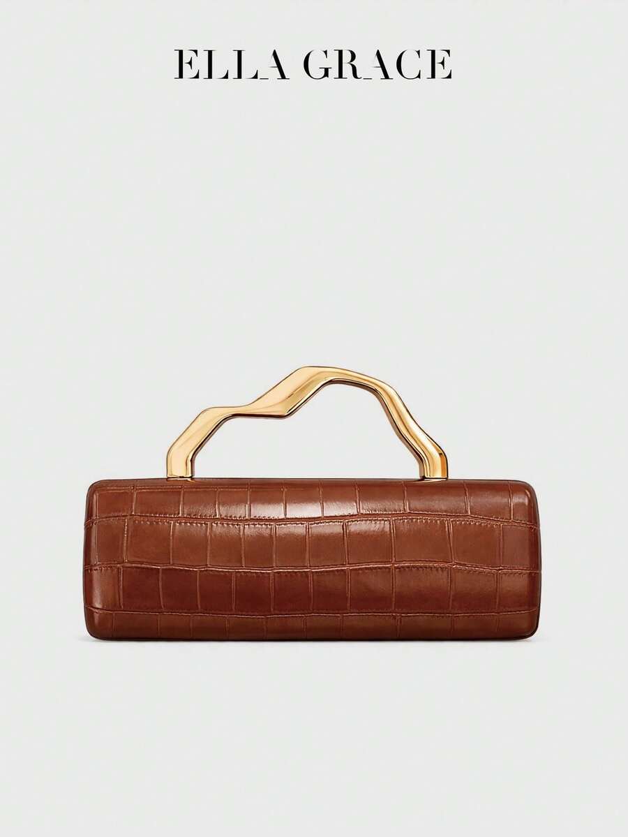 ELLA GRACE - 鳄鱼纹压花手拿包，配不规则金色金属手柄，时尚女士晚宴手提包，奢华婚礼派对钱包，设计师款宴会包，新年礼物 - 卡其色 - 查看 1