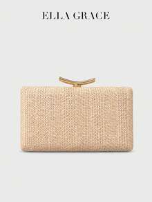 ELLA GRACE - 女士编织晚宴手拿包，优雅硬壳手提包，配金属扣，派对手提包，女士包袋，女士礼品 - 杏色 - 查看 6