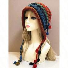 1 pieza Sombrero de lana con ala rizada para mujer, Gorro de punto de invierno, Gorro de punto a rayas arcoíris a prueba de viento, Gorro de punto con borla y bola, Adecuado.