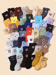 10双装柔软透气婴儿中筒袜，可爱小熊图案，荷叶边袜口，多色弹力舒适婴幼儿袜 - 彩色 - 查看 1