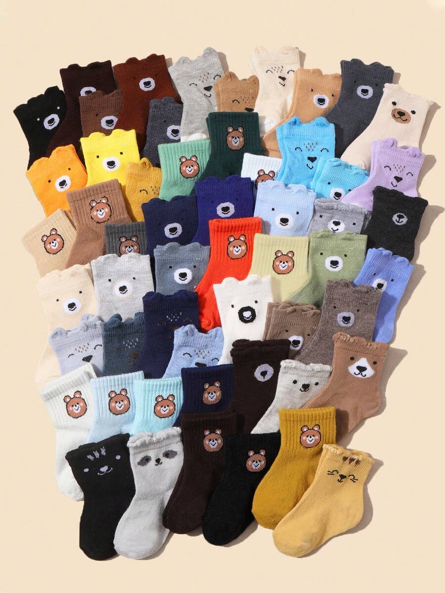 10双装柔软透气婴儿中筒袜，可爱小熊图案，荷叶边袜口，多色弹力舒适婴幼儿袜 - 彩色 - 查看 1