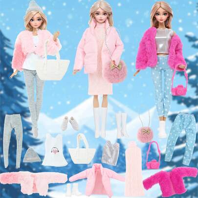 15 piezas de ropa de moda y accesorios para muñecas de 11.5 pulgadas, que incluyen 3 conjuntos de atuendos de muñeca, 2 bolsos, 3 pares de zapatos y 1 cameric, estilo de invierno, juguetes de vestir muñecas, regalo de cumpleaños, relleno de calcetines navideños (muñeca no incluida)