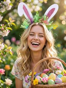 1个亮粉色兔耳朵发箍，带绿色金属丝和可爱吊坠，节日复活节派对服装发饰，女士拍照道具 - 彩色 - 查看 4