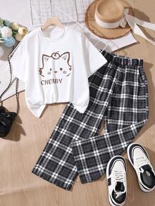 Girls' Summer Printed T-Shirt And Plaid Pants 2 Pieces Casual Set - Black - View 6