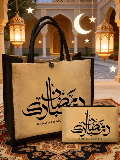 Large Capacity Handbags Set With The Words "Ramadan Mubarak" And Arabic Blessings,Portable Large Capacity Travel Handbag With Color-Blocking Design,Zippered Storage Bags,Stylish Islamic-Style Handbag,Portable Shopping Bag,Toiletries Storage Bags, Lightweight Coin Wallets,Ramadan Mubarak Shopping Bag, Gift For Travelers And Arab Culture Enthusiasts,Back To School,New Year And Valentine's Day Gifts, Ramadan Mubarak, Ramadan Kareem Gift, Eid Mubarak,Ramadan Gifts