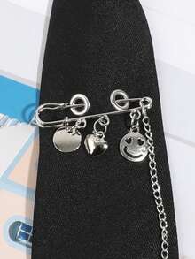 1pc Fashionable Men's Heart & Face Cross Chain Brooch Accessory, Black Tie Casual Versatile Suitable For Daily Outing, Commuting, Party Matching - A - View 3