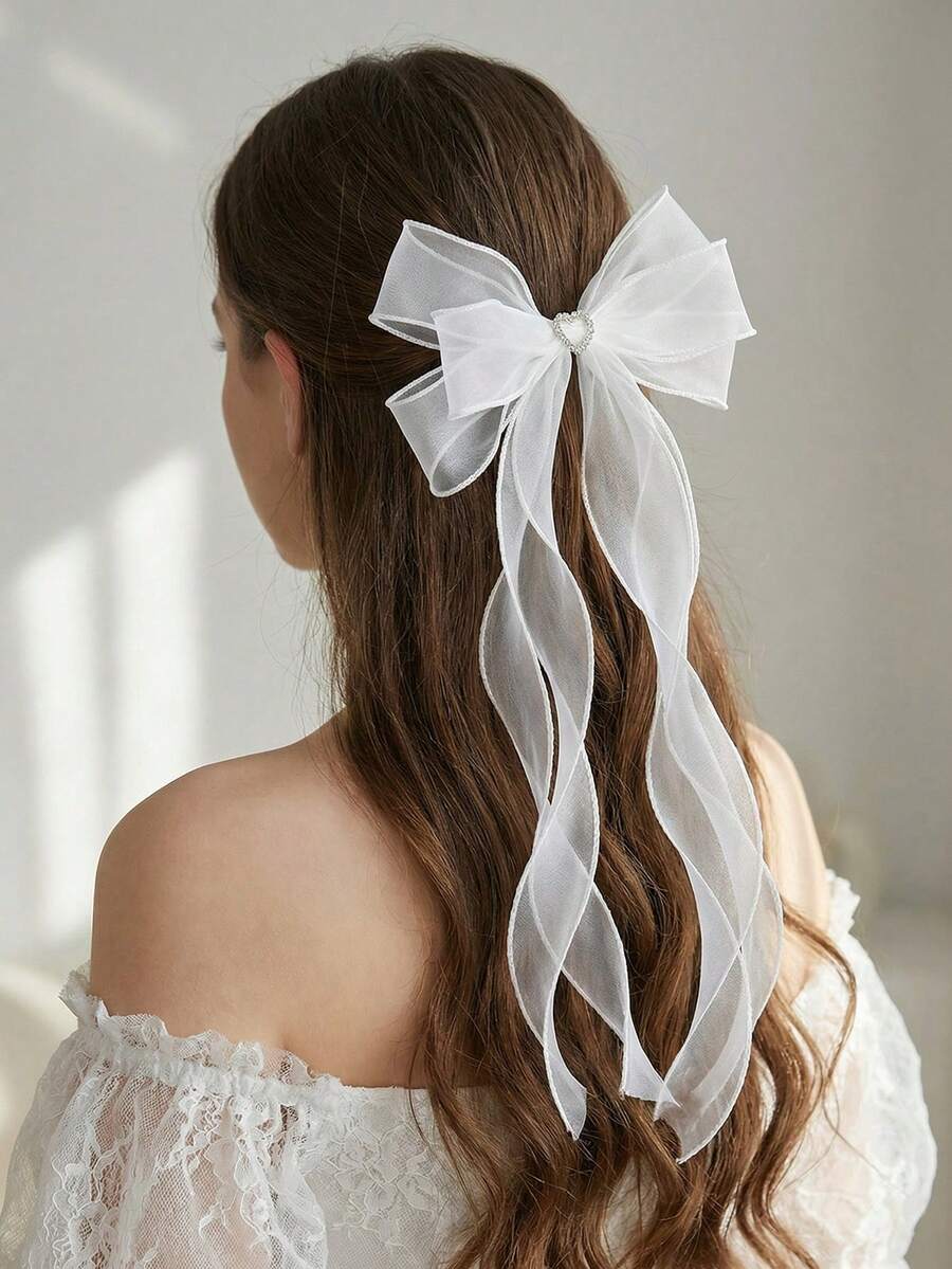 1个女士优雅白色网纱蝴蝶结水钻心形长丝带蝴蝶结发夹，适合日常、节日、婚礼、派对等场合 - 白色 - 查看 1