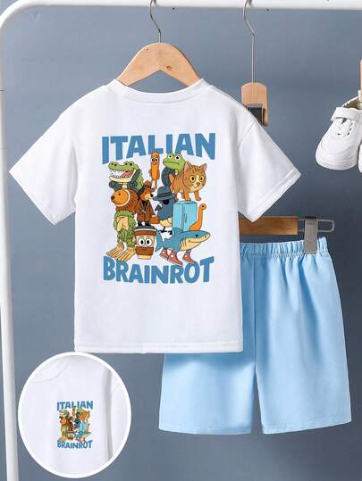Bộ quần áo thường ngày gồm áo thun ngắn tay và quần short in hình động vật hoạt hình dành cho bé trai.