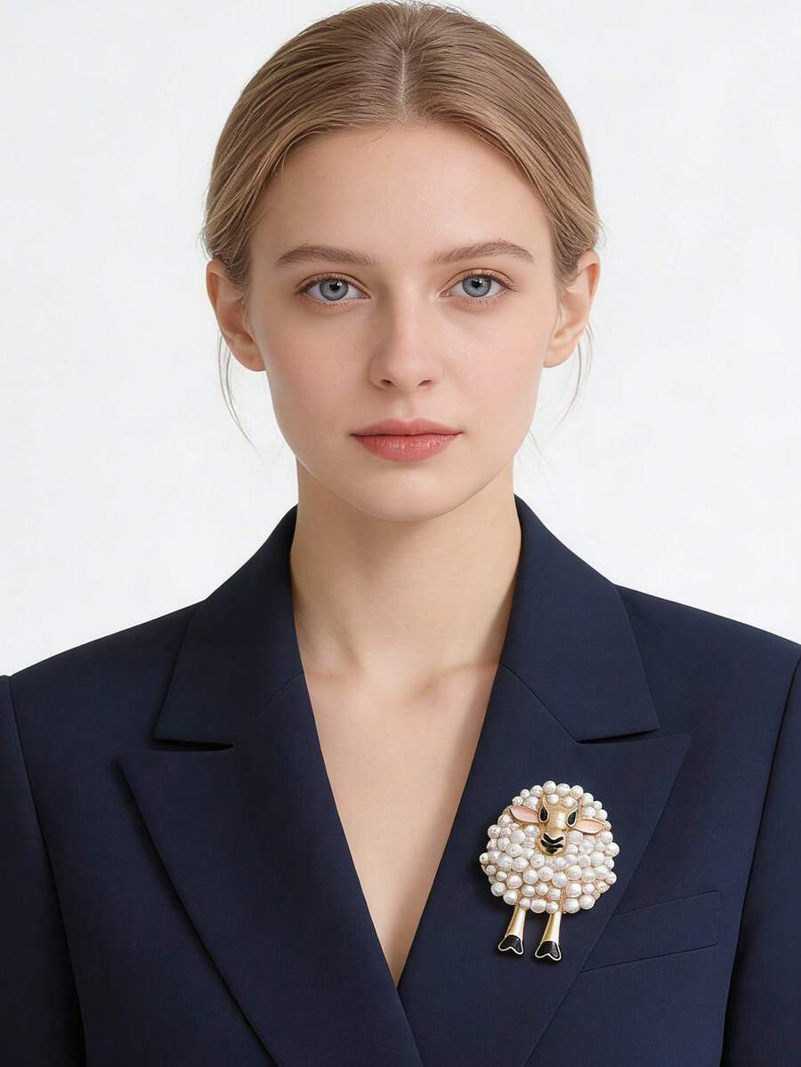 "1pc Cute Sheep Brooch Pin - Golden-Tone & Fleece-Like Texture, Elegant Christmas & Holiday Jewelry For Women, Party, Everyday Outfits - Zinc Alloy " - Little Sheep - View 1