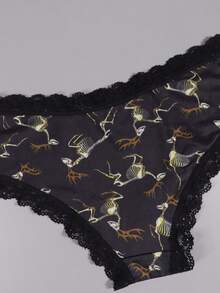 Dircho 5pcs Women's Mystic Print Briefs Set & Celestial & Mushroom & Deer Pattern & Black Lace Trim & Soft Fabric & Dark Tone Scheme & Daily Comfort Underwear & Enchanting Casual Style - Multicolor - View 9