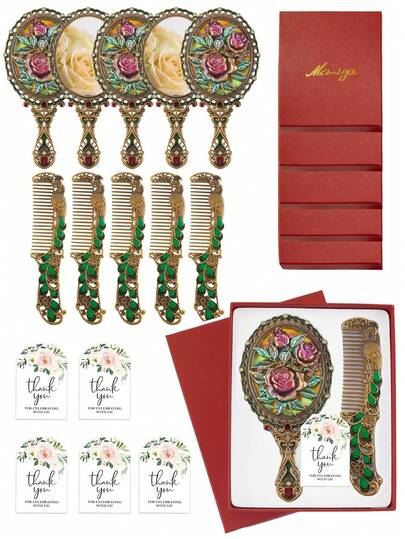 5 set Pettine e specchio vintage con cristalli a forma di rosa, include biglietto di ringraziamento e sacchetto con cordoncino, accessori da matrimonio, adatti per damigelle e feste addio al nubilato e docce nuziali, compleanni, regali per apertura scuola, raduni quotidiani, regali di Capodanno, San Valentino per la fidanzata, Festa della Mamma
