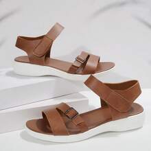 Simple Soft Bottom Sandals For Women, New Fashion Roman Style Student Flat Sandals, Plus Size Solid Color Buckle Daily Wear Asymmetric Hollow Design Sandals - Mocha Brown - View 3