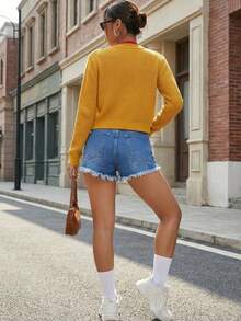 彈性修身中腰破洞流蘇牛仔短褲，修飾身形百搭女款短褲 - 中等水洗藍 - 查看 4