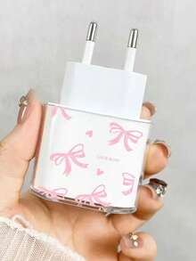 Pink Bow & Heart Pattern Transparent Charger Protector Case (Fits 20W), Compatible With 13/14/15 EU Adapter Protector Set 20W Charger With Cable Protector, Transparent Protector Shell And Cable Protector, Butterfly Charger Protector Case, Transparent EU Plug Protector, Cable Protector, Charger Accessories - Multicolor - View 7