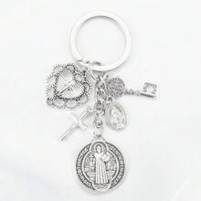 One Religious Novelty Keychain, A Circular Keychain With Multiple Accessories Assembled Together. The Keychain Of Saint Benedict And The Virgin Mary Cross, A Religious Prayer Protection Keychain Pendant, Can Be Used For Packaging, Decorating Mobile Phones, And Is A Beautiful Creative Gift. - 1 - Xem 5
