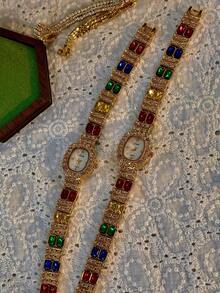 1pc New Luxury Colorful Gemstone & Crystal Inlaid Vintage Elegant Fashion Women's Watch, Oval Faux Pearl Dial, 30M Water Resistant, Suitable For Daily Wear, Parties, Vacations And Outings - Gold - View 4