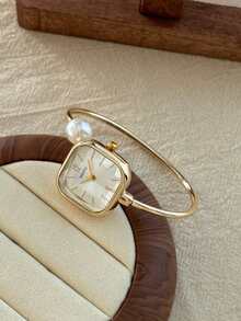 1 pieza Reloj de pulsera de moda casual con diseño ovalado, esfera verde, tonos plateado y dorado para mujer - Dorado - Ver 4