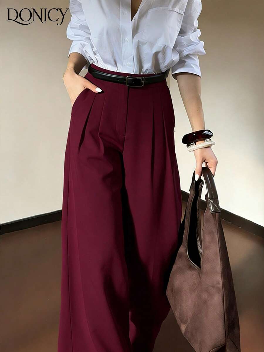 DONICY 1PC Women's Solid Wine Red High-Waist Pleated Wide-Leg Pants Office Workwear Suit Fabric Long Trousers Medium-Thickness Breathable Elegant Business Casual Pants Spring Autumn Valentine's Day Dating Commute Wear