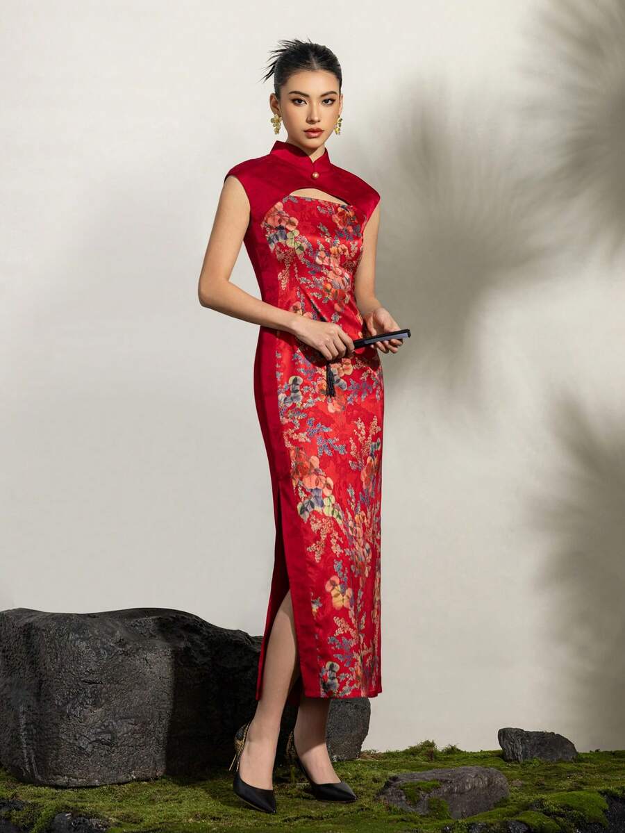 Women's Mandarin Collar Cheongsam Dress, Side Slit, All-Over Printed - Fitted Sleeveless Modern Mid-Length Cheongsam Dress, Suitable For Professional Business Occasions, Office Parties, Wedding Guest Attire, Cultural Celebrations And Elegant Daily Wear.