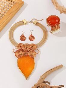 1 Set Handmade Exaggerated Multi-Layer Aluminum Wire Woven Resin Chain Bohemian European Middle Eastern Style Necklace, Earrings, Bracelet With Artificial Crystal Shapes, Suitable For Evening Party, Vacation - Orange - View 3