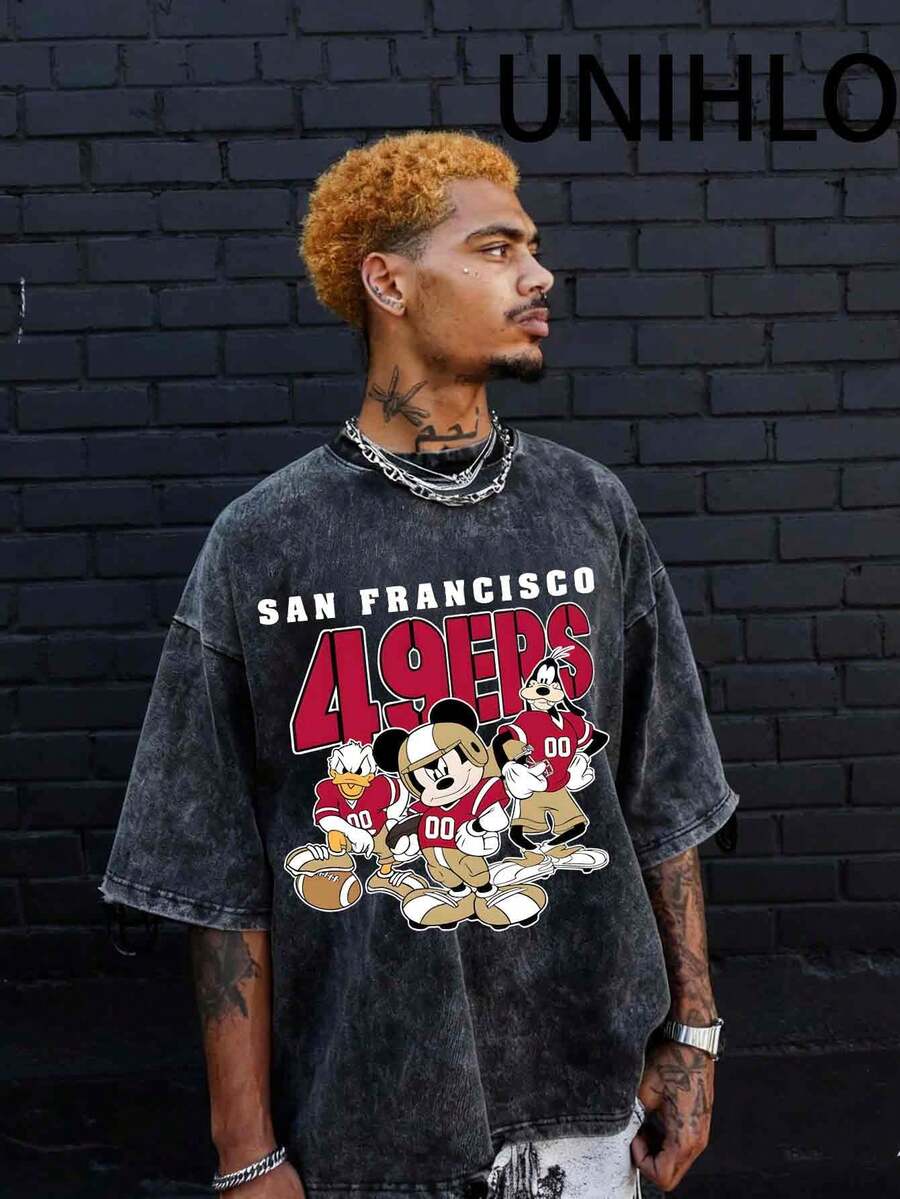 Disney UNIHLO  World Cup Football  Printed Summer Heavyweight Retro Washed Street Fashion Casual T-Shirt - màu đen - Xem 1
