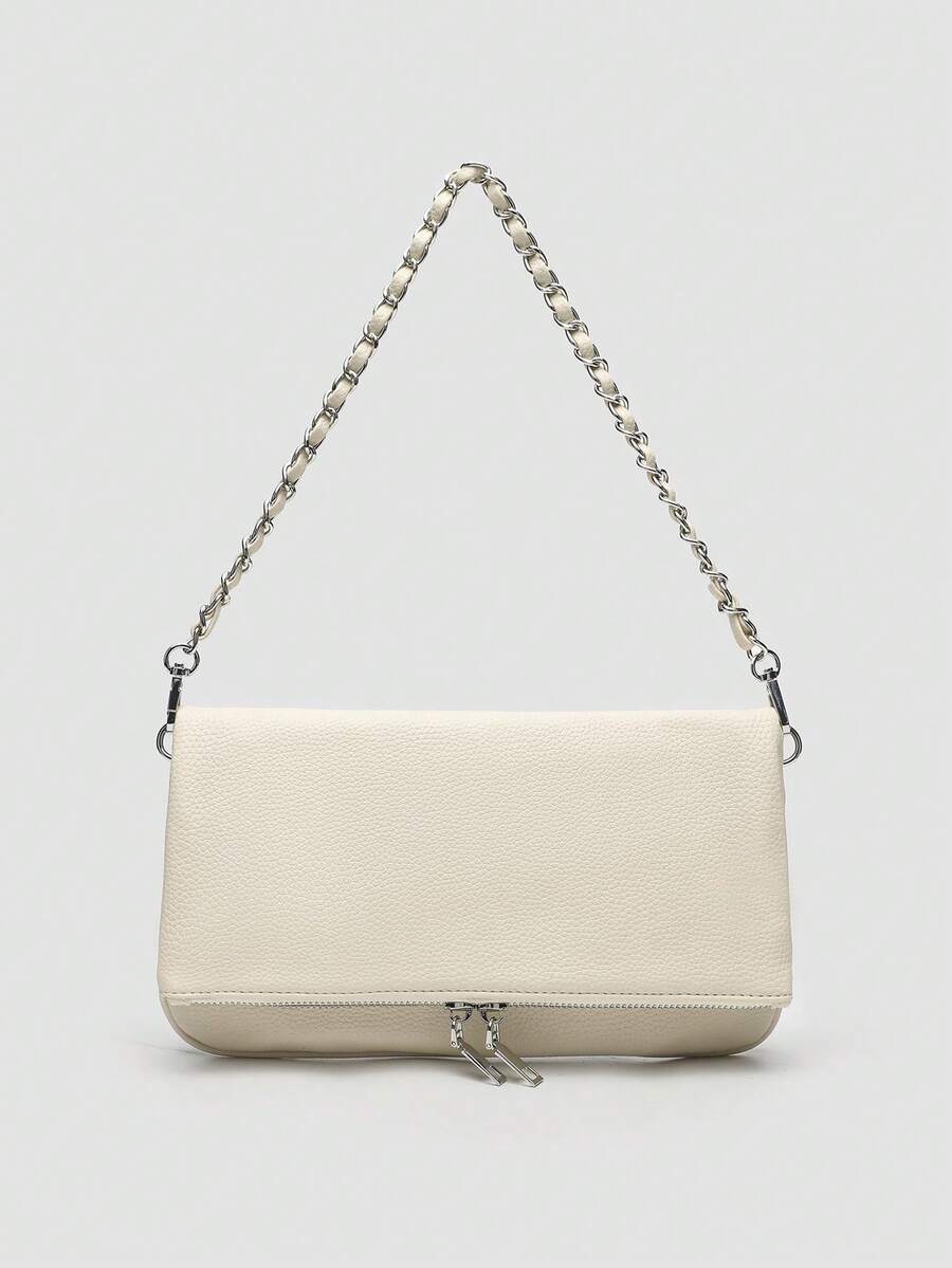 1pc Women's Chain Shoulder Bag, Crossbody Bag, Litchi Grain Underarm Bag With Chain, Minimalist Fashion Small Square Bag, Shoulder & Crossbody Bag With Detachable Strap - Ngà - Xem 1