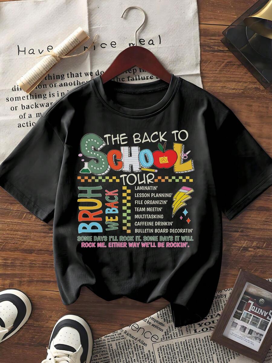 Tricou pentru femei cu mânecă scurtă, imprimeu grafic, guler rotund, casual, cu litere și model de desene animate, pentru fete adolescente, stil preppy, ținută pentru sezonul școlar