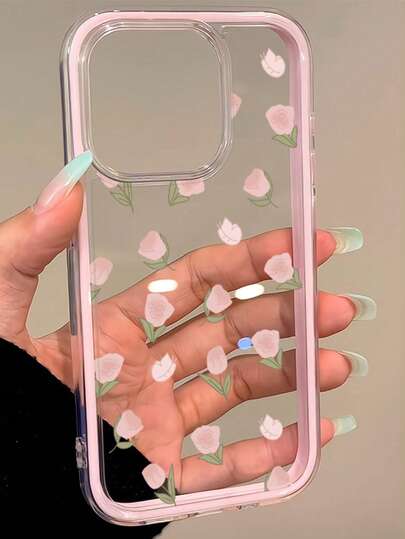 1个粉色郁金香美学图案个性化边框透明全覆盖防震时尚手机保护壳，兼容 11 12 13 14 16 17 Pro Max