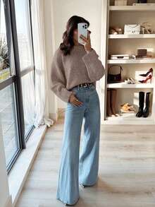 Áo len dệt kim cổ tròn màu xám kiểu dáng thường ngày dành cho nữ - màu kaki nhạt - Xem 2