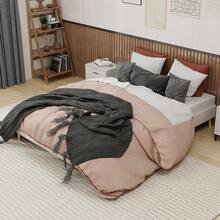 Modern Minimalist Bed Frame, 160 X 200 Cm, Beige, Upholstered In Dutch Velvet, Low Slatted Base, Contemporary Style Bedroom Furniture. Gas Lift Mechanism, Headboard And Mattress Not Included. - Beige + Fabric + Metal + Memory Foam - View 1