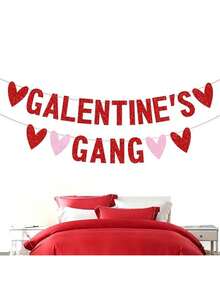 一套 GALENTINE'S GANG 粉色闪光字母横幅，情人节派对背景装饰花环，红色字母心形三角旗，闺蜜节情人节周年纪念派对装饰 - 彩色 - 查看 4