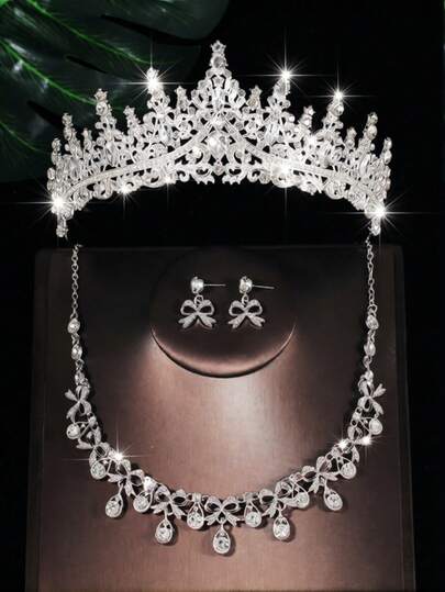 1 Set Luxury Bridal Accessories, Includes Rhinestone Crown, Shiny Necklace, And Earrings, 4pcs Jewelry Set For Wedding Dress, Suitable For Wedding, Party, And Formal Events