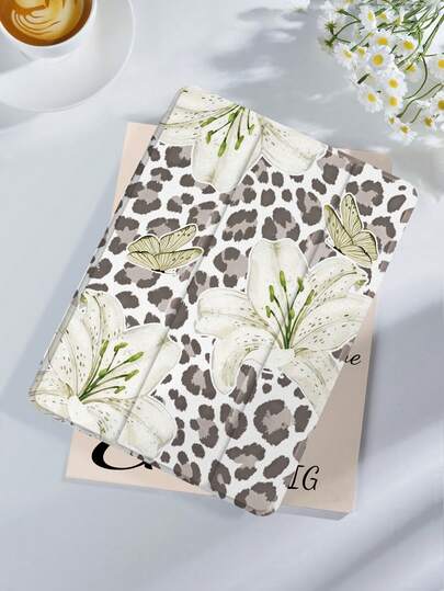 Kingsung Leopard Print And Lily Flowers Pattern Tablet Case, Compatible With 9.7/10.2/10.5/10.9/12.9/Pro 11, 10th Generation, Compatible With Samsung Galaxy Tab S6 Lite 10.4-Inch, Compatible With Kindle Paperwhite 12th Gen 2024, Kindle (11th Generation) 2022 Version, Kobo Clara Color, Soft Fall Protection, Smart Stand/Auto Wake/Sleep