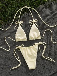 PEPPERMOLLY Bộ bikini buộc dây hở lưng màu trơn mềm mại mới, đồ bơi mùa hè gợi cảm dành cho nữ, kỳ nghỉ mát đi biển. - Màu be 1 - Xem 3