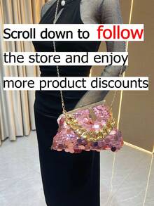 Esta bolsa de festa elegante e luxuosa apresenta enfeites de lantejoulas combinados com uma corrente de metal. Adequada para meninas, mulheres, estudantes universitárias e profissionais jovens, é perfeita para trabalho, negócios, transporte e ocasiões escolares. - Rosa chiclete - Visão 2