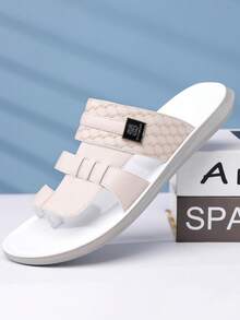 男士夏季新款魔术贴装饰皮革拼接纯色沙滩凉鞋，时尚休闲阿拉伯风格拖鞋 - 米色 - 查看 15