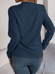 Women's Elegant Commuter Casual Solid Color V-Neck Long Sleeve Shirt, Spring/Summer - Navy Blue - View 3