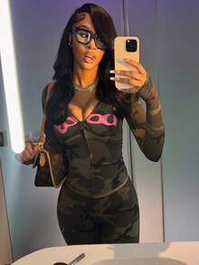 Women Letter Print Hooded Long Sleeve Cardigan Top Trousers Set Casual 2 Piece Outfit - 軍綠色 - 查看 2