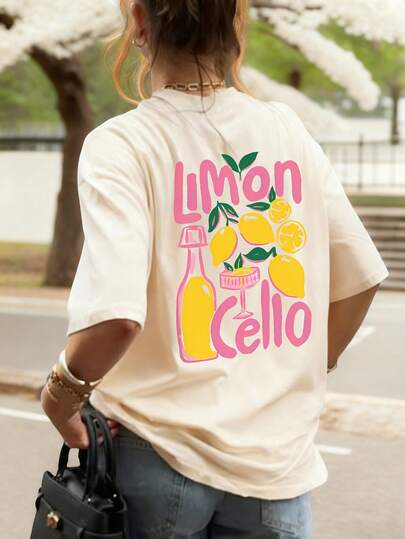 Women's Summer New Simple LIMON Lemon Soda Graphic Print Casual Loose Versatile Round Neck Short Sleeve T-Shirt, Daily Top, Suitable For Casual And Holiday Wear